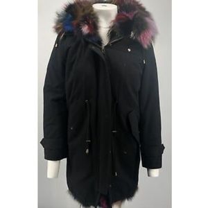 Peri Luxe Black Cotton Mid-Length hooded Parka w/ Multicolor Fox Fur Lining sz L